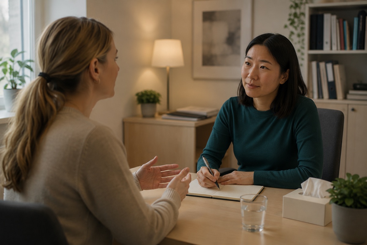 A psychologist taking notes during a consultation